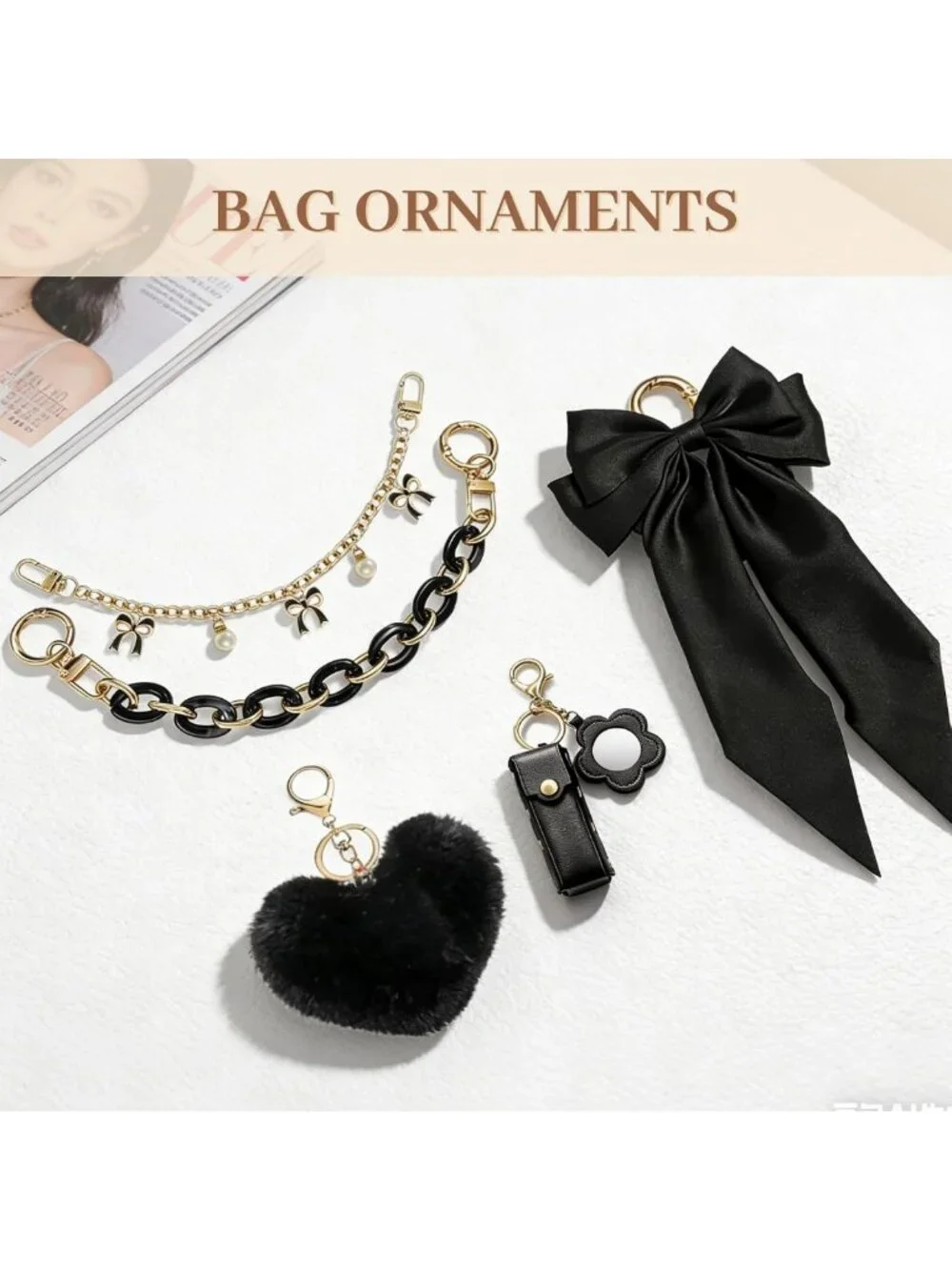 5PCS Bag Charms Set - Bow Keychain, Heart Pom-Pom, Lipstick Holder & Mirror for